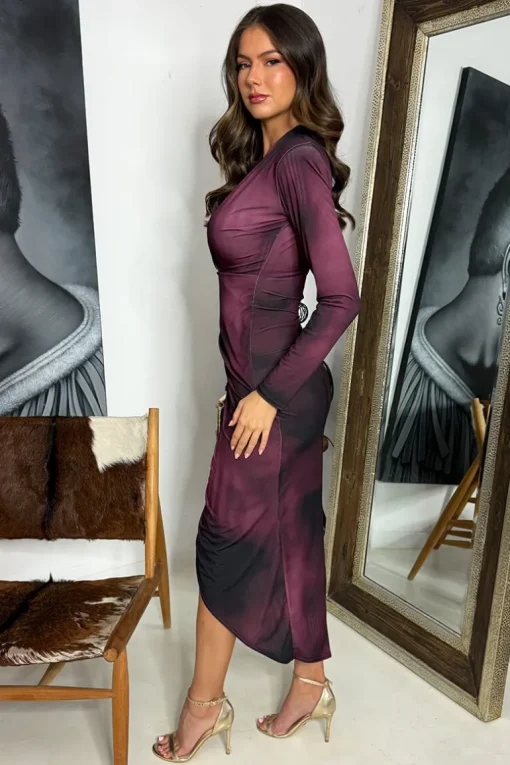 Wine Printed Long Sleeve Wrap Midi Dress