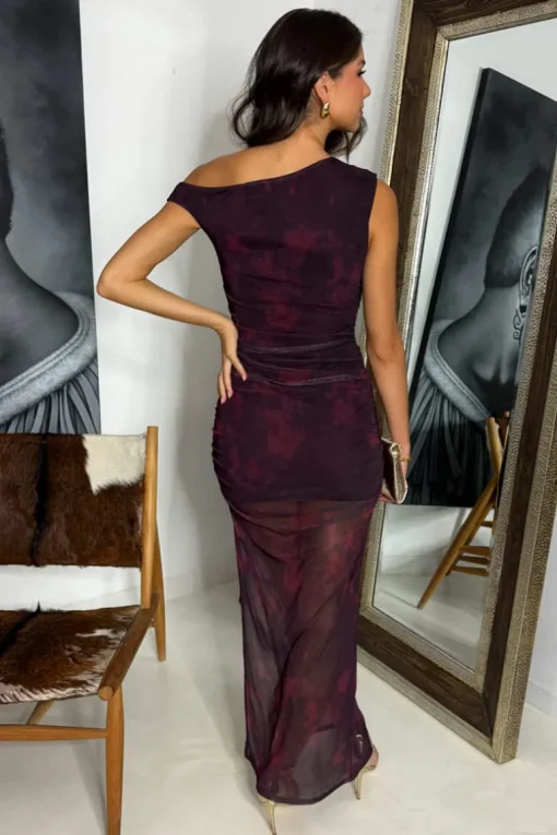 Wine Printed Mesh Off The Shoulder Bodycon Midi Dress