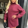 Wine Roll Neck Cable Knit Dress
