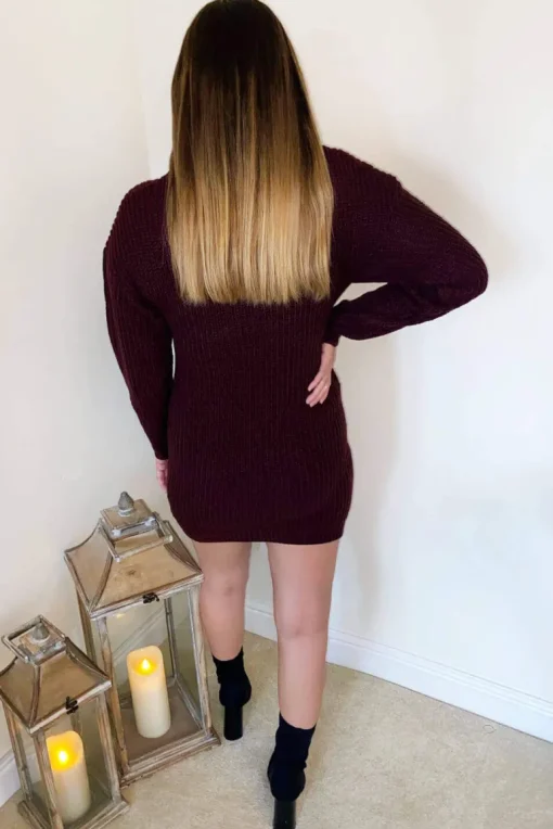 Wine Roll Neck Knit Jumper Dress
