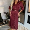 Wine Satin Belted 3/4 Sleeve Gold Buttons Shirt Midi Dress