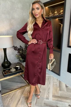 Wine Satin Belted 3/4 Sleeve Gold Buttons Shirt Midi Dress