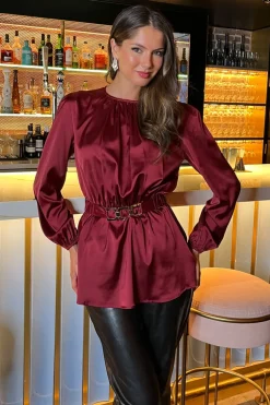 Wine Satin Long Sleeve Gold Detail Belt Top