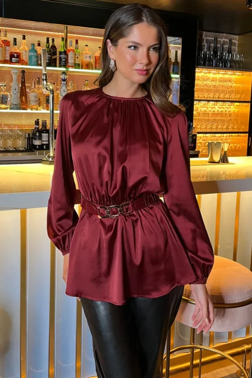 Wine Satin Long Sleeve Gold Detail Belt Top