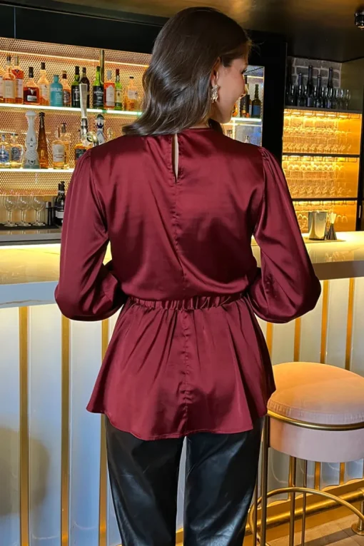 Wine Satin Long Sleeve Gold Detail Belt Top