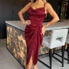 Wine Satin Strappy Cowl Neck Gathered Skirt Midi Dress