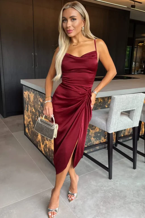 Wine Satin Strappy Cowl Neck Gathered Skirt Midi Dress