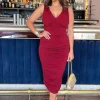 Wine V Neck Ruched Bodycon Midi Dress
