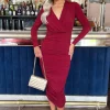 Wine Wrap Top Long Sleeve Ruched Bodycon Midi Dress