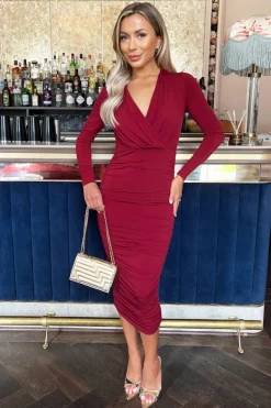Wine Wrap Top Long Sleeve Ruched Bodycon Midi Dress