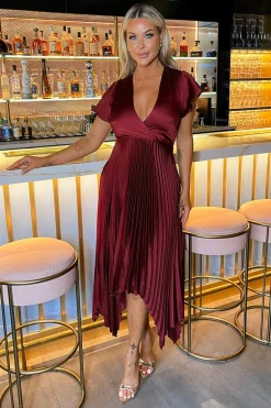 Wine Wrap Top Zig Zag Hem Pleated Midi Dress