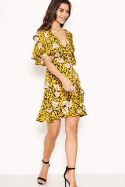 Yellow Animal Print Dress With Floral Detail