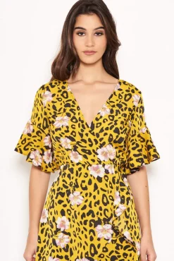 Yellow Animal Print Dress With Floral Detail