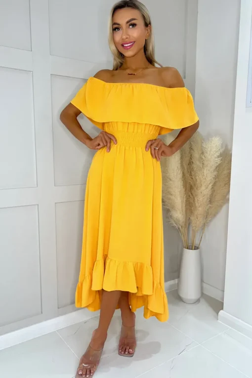 Yellow Bardot Style Midi Dress