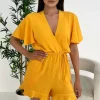 Yellow Butterfly Sleeve Wrap Top Tie Waist Playsuit