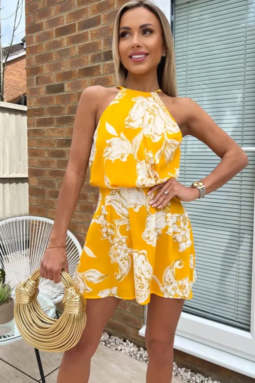 Yellow Floral Printed High Neck Playsuit