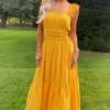 Yellow Frill Strap Tiered Midi Dress