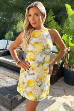 Yellow Lemon Print Racer Neck Slip Mini Dress