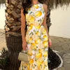 Yellow Lemon Print Waist Cut Out Frill Hem Midi Dress