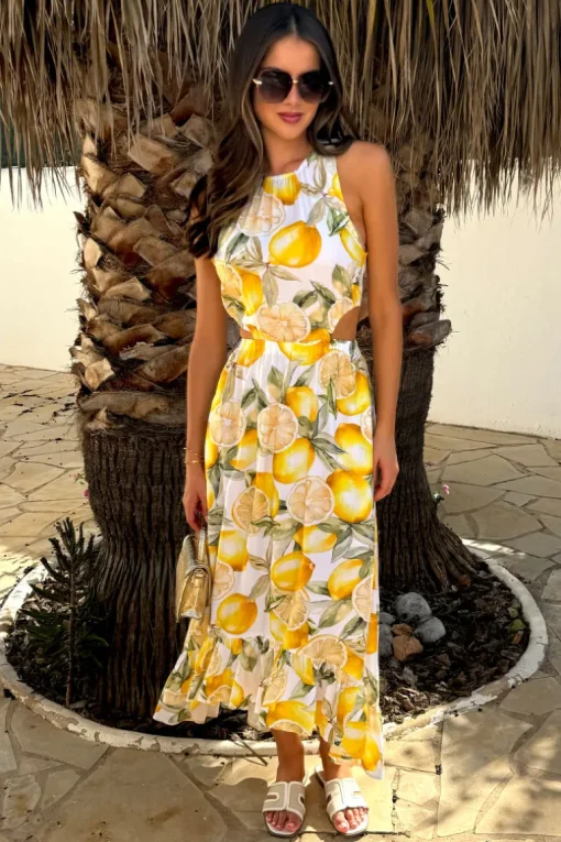 Yellow Lemon Print Waist Cut Out Frill Hem Midi Dress