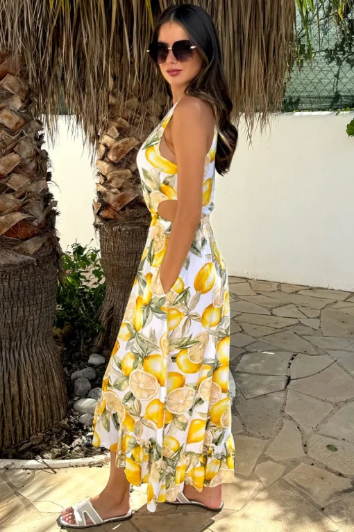Yellow Lemon Print Waist Cut Out Frill Hem Midi Dress