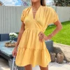 Yellow Short Sleeve Tie Back V Neck Mini Dress