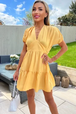 Yellow Short Sleeve Tie Back V Neck Mini Dress