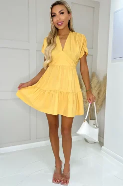 Yellow Short Sleeve Tie Back V Neck Mini Dress